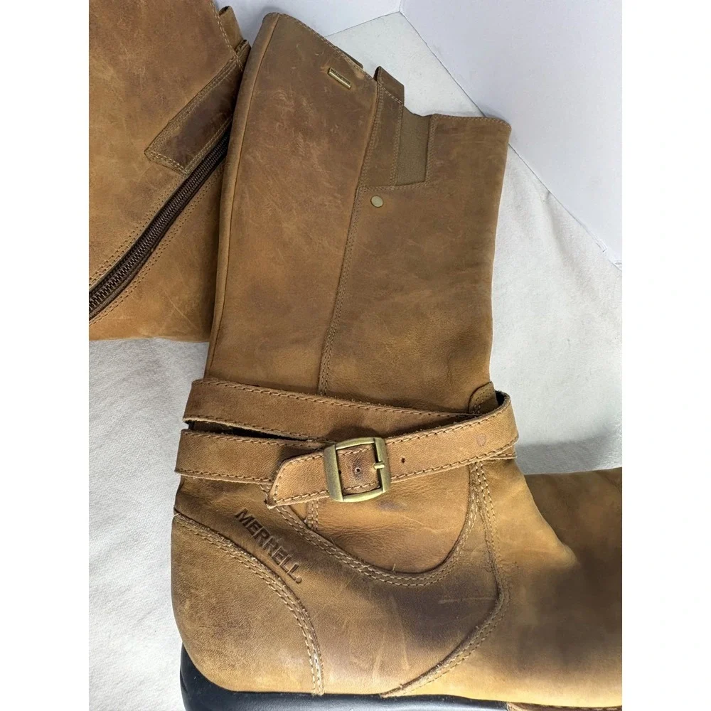 Merrell Knee High Boots Women's Size 9 Chestnut Waterproof Leather Tetra Strap